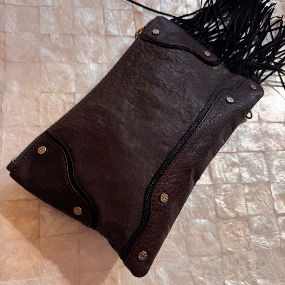 Mz Wallace Brown Black Clutch Bag with Fringe western style purse suede leather - Picture 8 of 14
